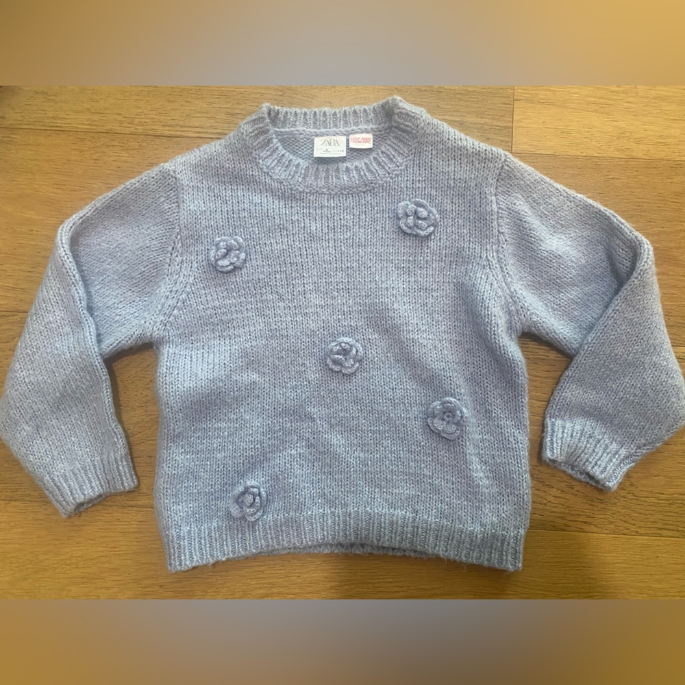 Zara Light Blue Spring Crewneck Sweater with Knit Floral Appliqués girls 6 VGUC